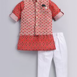 LITTLE COLLARS Cotton Blend Full Sleeves Ikat Printed Kurta Pyjama With Thread Work Detailed Nehru Jacket Set - Red-image-85