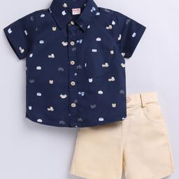 Snuggly MONKEY Poplin Half Sleeves Vehicles & Animals Printed Shirt & Shorts Set - Navy & Cream-image-18