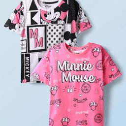 HoneyHap Disney Single Jersey Knit Half Sleeves Oversize Drop Shoulder T-Shirt with Mickey Mouse and Family Graphics Pack of 2 - Pink & White-image-115