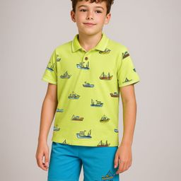 OLLINGTON ST. Cotton Half Sleeves Ship Printed Polo T-Shirt & Shorts Set - Multicolor & Light Blue-picture-1