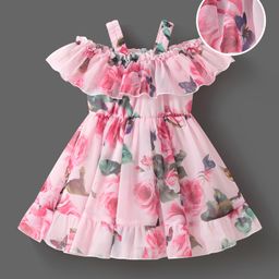 Mark & Mia Cold Shoulder Sleeves Frock with Floral Print & Frill Detailing - Pink-image-12