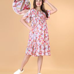 Bella Mama Woven Flutter Sleeves Maternity Dress Floral Print with Side Pockets - White & Pink-image-91
