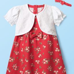 Babyhug 100% Cotton Half Sleeves Floral Printed Frock With Shrug & Headband - Red & White-image-90