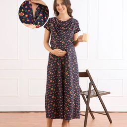 Bella Mama Cotton Knit Half Sleeves Nighty with Concealed Zipper & Floral Print - Navy Blue-image-33