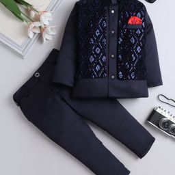 Fourfolds Full Sleeves Solid Indo Blazer & Trouser Set With Embroidered Waistcoat - Navy Blue-picture-19