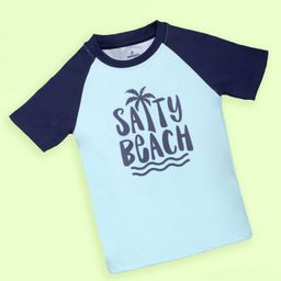 Kiddopanti Half Raglan Sleeves Salty Beach Text Printed Swimming Tee - Aqua Green & Navy Blue-image-89