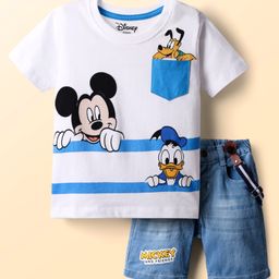babyhug disney Babyhug Single Jersey Knit Half Sleeves T-Shirt & Shorts Set With Suspender & Mickey & Friends Graphics - White & Blue-picture-22
