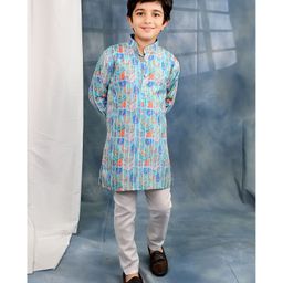 BT DEZINES Cotton Blend Woven Full Sleeves Jaipuriya Printed & Embroidered Kurta Pyjama Set - Light Blue-image-17