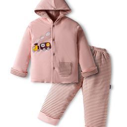 Child World Cotton Knit Full Sleeves Hooded Winter Wear Suit with Stripes & Vehicle Print - Pink-picture-4