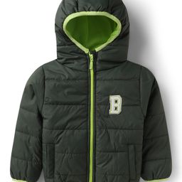 Babyhug Woven Full Sleeves Hooded Padded Jacket With Alphabet Patch - Lime Green-image-8