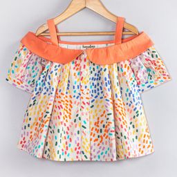 tugs Cotton Woven Cold Shoulder Sleeves Confetti Printed Shirt Style Top - Orange-image-18