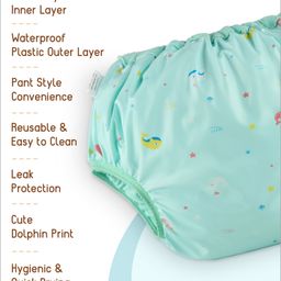 Babyhug Waterproof Pant Style Nappy with Elastic Small Size Set of 3 - Dolphin Print| Reusable| Easy to Clean and Maintain| Leak Proof| Soft Terry Inner Lining image 2