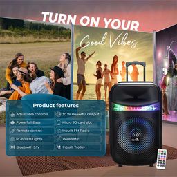 iCruze Carnival 30W Wireless Bluetooth Party Speaker with Inbuilt Trolley handle, Karaoke Mic, Upto 6 Hours Playtime, 8'' subwoofer Bass technology, in-built RGB Light-(Black) image 3
