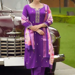 KALINI Floral Embroidered Notch Neck Chanderi Silk Straight Kurta With Trousers & Dupatta-56