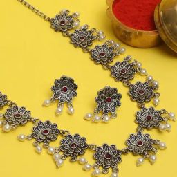 OOMPH Oxidized Silver Look Alike Maroon Stone Pearls Choker Necklace Set with Earrings-48