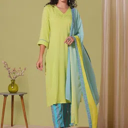 DIVASTRI V-Neck Straight Kurta With Trousers And Dupatta-picture-31