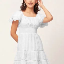 Moomaya White Cotton Fit & Flare Dress-image-96