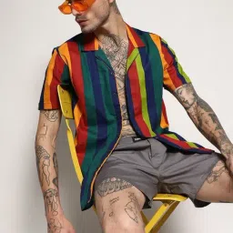Campus Sutra Multicolored Cotton Regular Fit Striped Shirt-picture-14