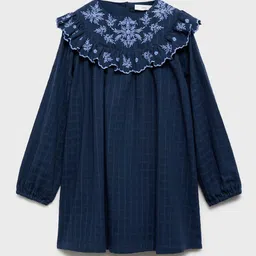 Mango Kids Girls Self-Checked Embroidered Neck Puff Sleeves A-Line Dress-picture-9