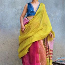 Chidiyaa Aashnaa Yellow Pink Lilac Handwoven Linen Zari Saree Gazala-picture-31