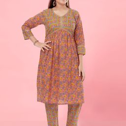 Aarika Girls Floral Printed V-Neck Empire A-Line Pure Cotton Kurta-image-98