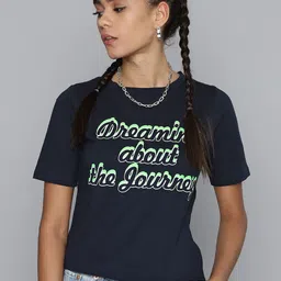 SASSAFRAS Women Navy Blue & Fluorescent Green Typography Printed Pure Cotton T-shirt-image-47