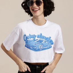 HERE&NOW Typography Print Drop-Shoulder Sleeves Pure Cotton Crop T-shirt-picture-5