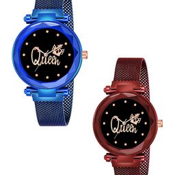 Gopal Shopcart Unisex Pack Of 2 Dial & Straps Analogue Watch Queen Blue Red Maganet-image-81