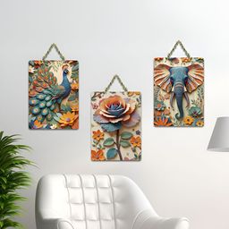 ArtVibes 3-Pcs Green & Beige Peacock Bloom Elephantine Printed Wooden Wall Hanging Decor-image-20