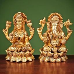 Ekaa Handicrafts Gold Brass Ganesh Lakshmi Statue On Lotus Laxmi Idol Home Temple-image-12