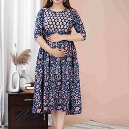 UrbanRang Women Floral Printed Maternity Cotton Fit and Flare Dress-image-83