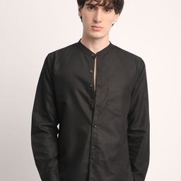 Voroxy Men Smart Band Collar Solid Cotton Casual Shirt-image-94