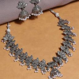 OOMPH Oxidized Silver Tone Kundan & Pearls Louts Choker Necklace Set with Jhumka Earrings-image-48