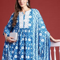 Anouk Floral Print Pleated Thread Work Kurta with Trousers & Dupatta-picture-17