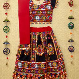 Banjara India Navratri Theme Half Sleeves Kutchi Embroidered Choli With Lehenga And Dupatta - Black-image-102