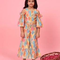 READIPRINT Off Shoulder Half Sleeves Ikat Motif Printed Top With Coordinating Sharara - Blue-picture-16