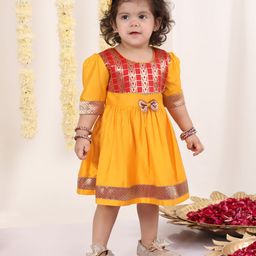 VASTRAMAY SISHU Half Sleeves Floral Woven Design & Lace Embellished Ethnic Dress - Yellow And Red-image-94