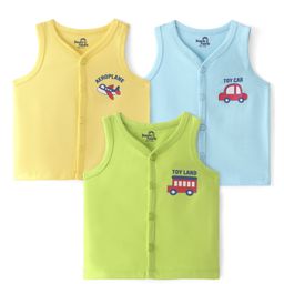 Doodle Poodle 100% Cotton Sleeveless Jhabla Vehicle Print Pack of 3 - Green Yellow & Blue-picture-11