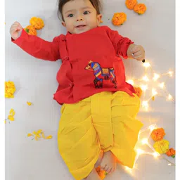 BownBee Pure Cotton Full Sleeves Animal Embroidered Kurta & Dhoti Set - Red-picture-7