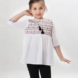 ISHTI Rayon Three Fourth Sleeves Abstract Embroidered Top - White-image-73