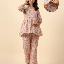 Ikk Kudi by Seerat Cotton Woven Three Fourth Sleeves Floral Printed Peplum Top With Zipper Nursing Access & Pant Set - Multi Colour-picture-5