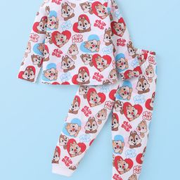 Babyhug Disney Cotton Knit Full Sleeves Night Suit With Chip n Dale Print - White-image-35