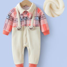 Kookie Kids Full Sleeves Checks with Bow & Bear Applique Romper - Red & Cream-image-82