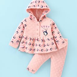 Little Darlings Fleece Knit Full Sleeves Hooded Winter Wear Suit With Penguin Print - Light Pink-image-44