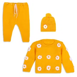 Windrop Solutions Full Sleeves Floral Designed Crocheted Sweater With Coordinating Pajama & Cap Set - Yellow-picture-46