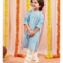Vastramay Viscose Full Sleeves Floral Embroidered & Lace Embellished Kurta & Pyjama Set - Aqua Blue-image-75