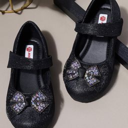 Mine Sole Bow Applique Detailed & Stones Embellished Ballerinas With Velcro Closure - Black-image-72