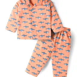 Babyhug Cotton Knit Full Sleeves Night Suit With Shark Print - Peach-picture-22
