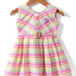 Dew Drops Cotton Knit Sleeveless Striped Frock With Unicorn Badge & Heart Applique - Yellow-image-13
