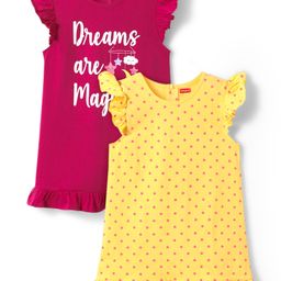 Babyhug Cotton Knit Frill Sleeves A Line Nighties with Polka Dots & Text Print Pack of 2 - Yellow & Dark Pink-image-89